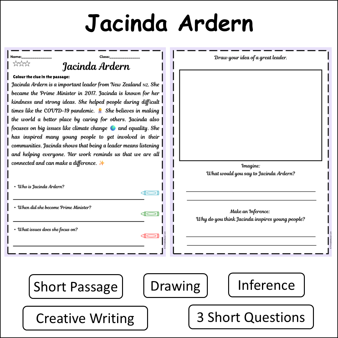 Jacinda Ardern | Short Reading Comprehension Creative Worksheet