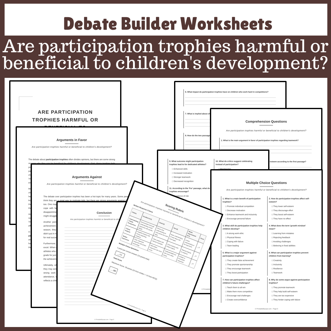 Are participation trophies harmful or beneficial to children's development? | Favour and Against Worksheet Printable Activity