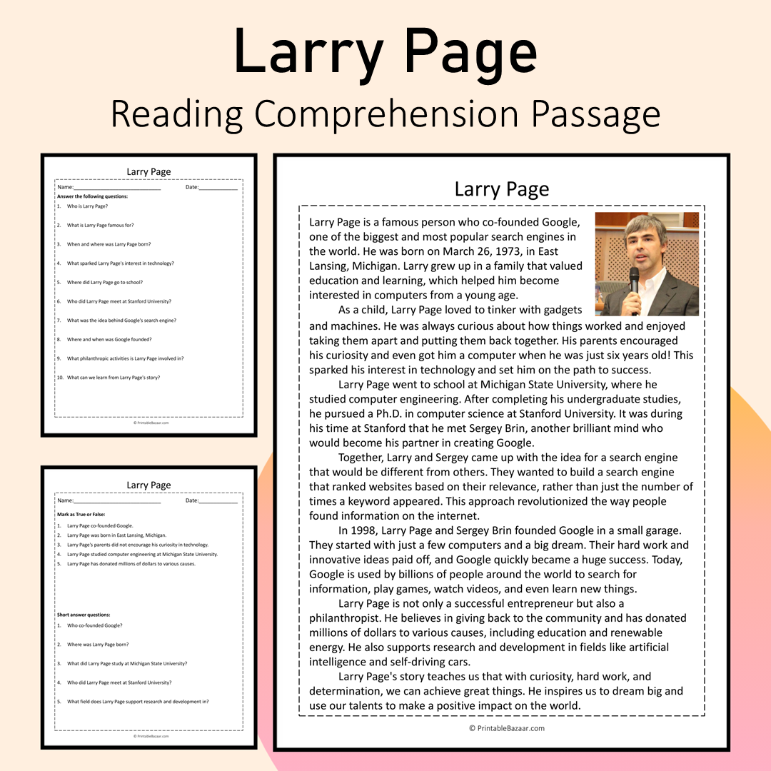 Larry Page | Reading Comprehension Passage Printable Activity