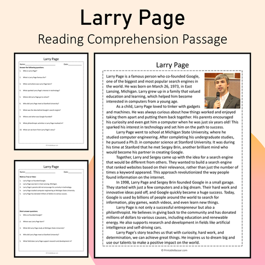 Larry Page | Reading Comprehension Passage Printable Activity