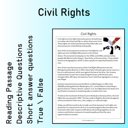 Civil Rights | Reading Comprehension Passage Printable Worksheet