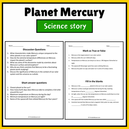 Planet Mercury | Science Story Reading Comprehension Activity