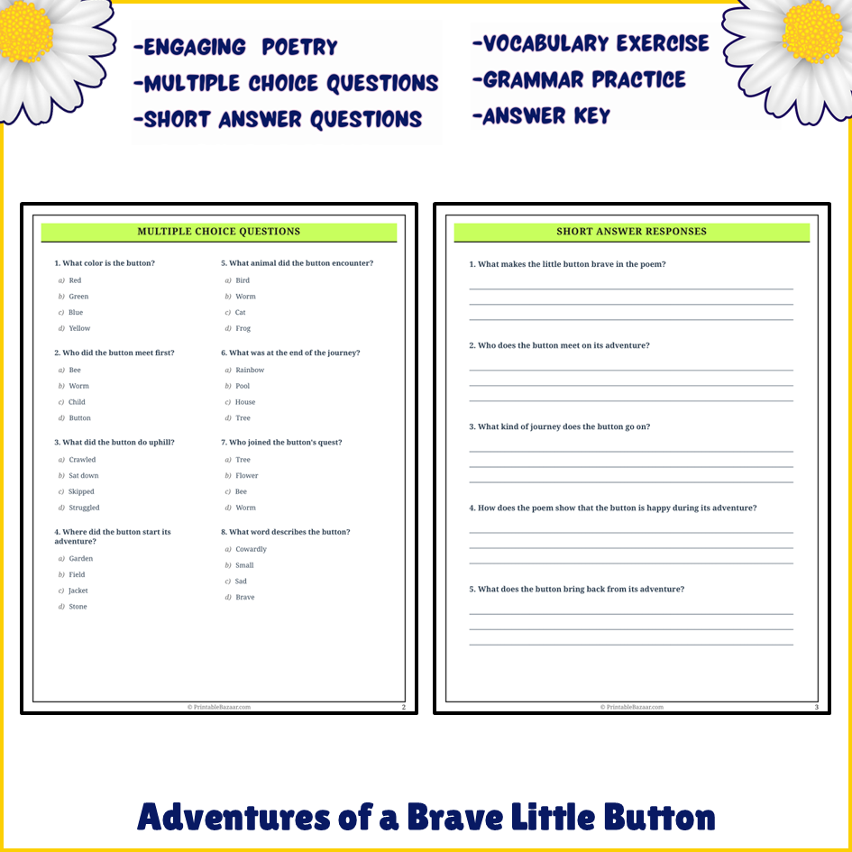 Adventures of a Brave Little Button | Poem Grammar Worksheet Printable Activity