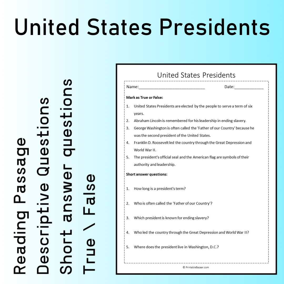 United States Presidents | Reading Comprehension Passage Printable Worksheet