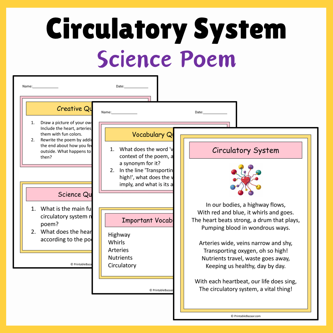 Circulatory System | Science Poem Reading Comprehension Activity