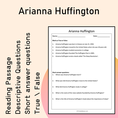Arianna Huffington | Reading Comprehension Passage Printable Activity