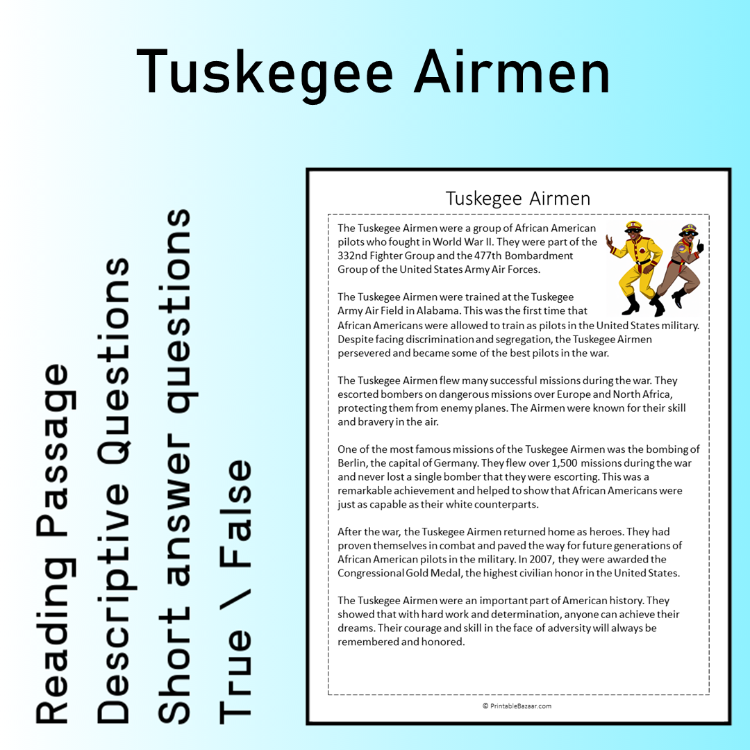 Tuskegee Airmen | Reading Comprehension Passage Printable Worksheet