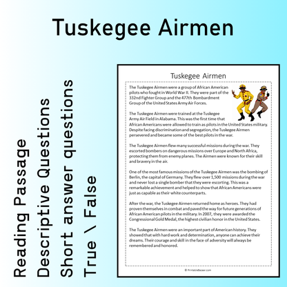 Tuskegee Airmen | Reading Comprehension Passage Printable Worksheet