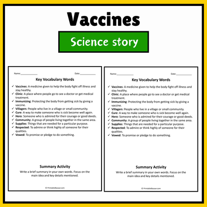 Vaccines | Science Story Reading Comprehension Activity