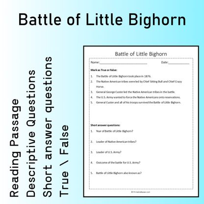 Battle of Little Bighorn | Reading Comprehension Passage Printable Worksheet