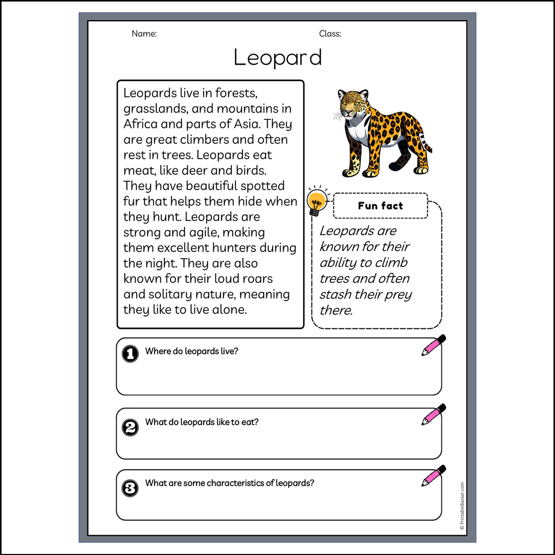 Leopard | Reading Passage Comprehension Questions Writing Facts Worksheet