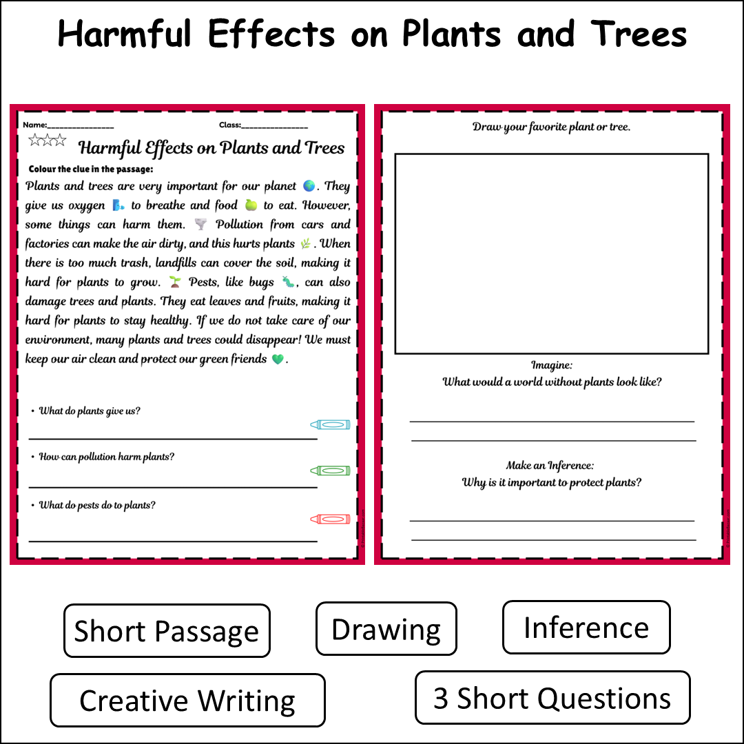 Harmful Effects on Plants and Trees | Short Reading Comprehension Creative Worksheet