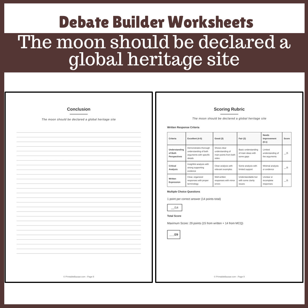 The moon should be declared a global heritage site | Favour and Against Worksheet Printable Activity