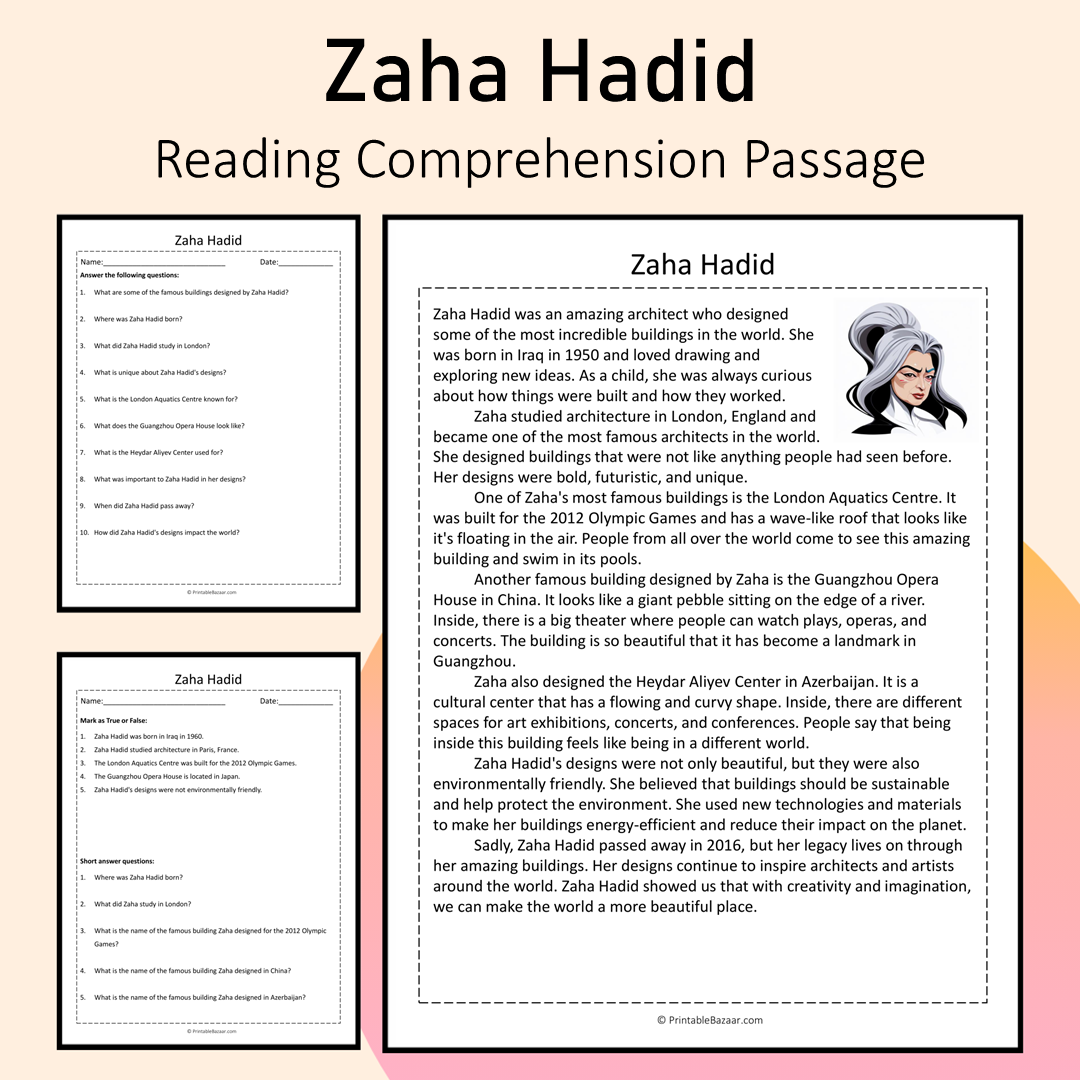 Zaha Hadid | Reading Comprehension Passage Printable Activity