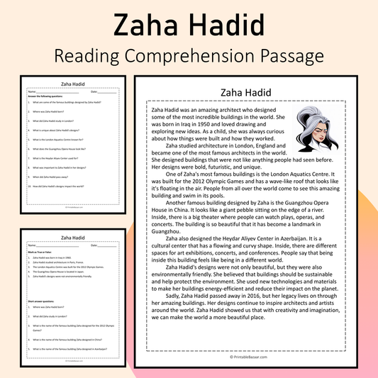 Zaha Hadid | Reading Comprehension Passage Printable Activity