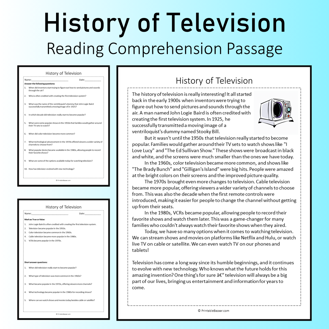 History of Television | Reading Comprehension Passage Printable Worksheet