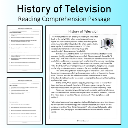 History of Television | Reading Comprehension Passage Printable Worksheet
