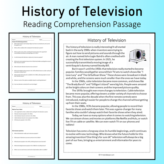 History of Television | Reading Comprehension Passage Printable Worksheet