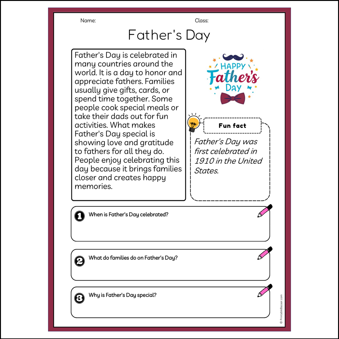 Father's Day | Reading Passage Comprehension Questions Writing Facts Worksheet