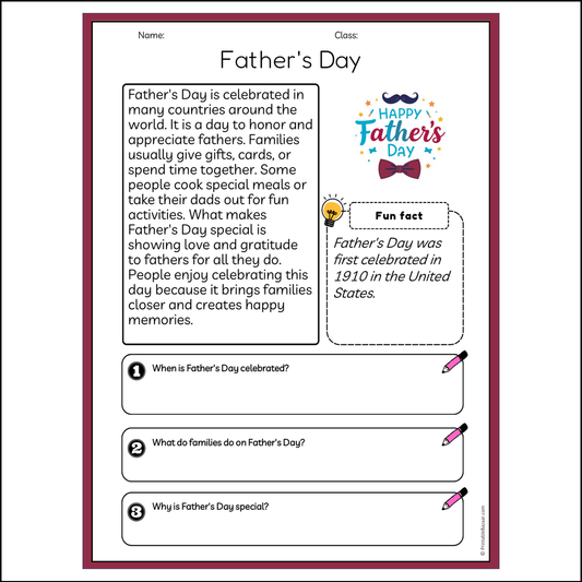 Father's Day | Reading Passage Comprehension Questions Writing Facts Worksheet