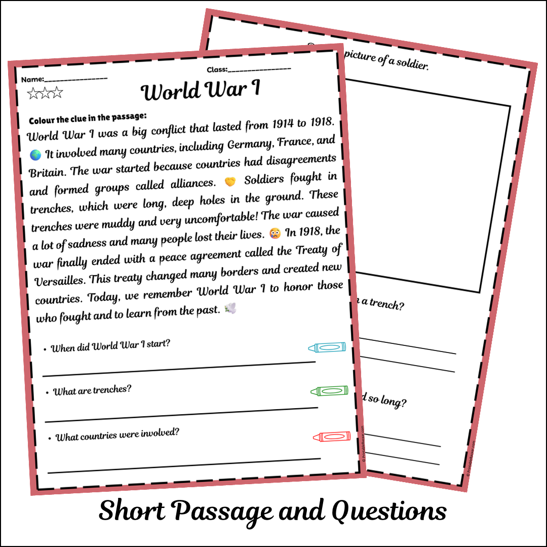 World War I | Short Reading Comprehension Creative Worksheet