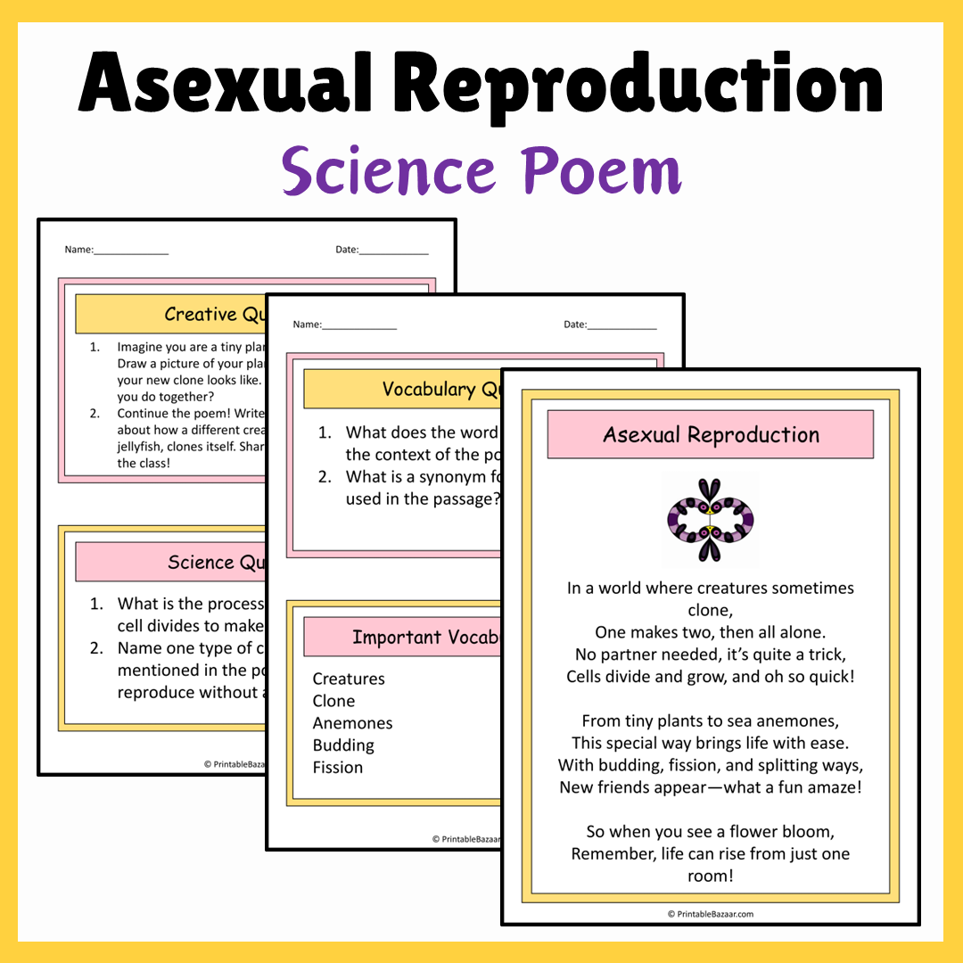 Asexual Reproduction | Science Poem Reading Comprehension Activity