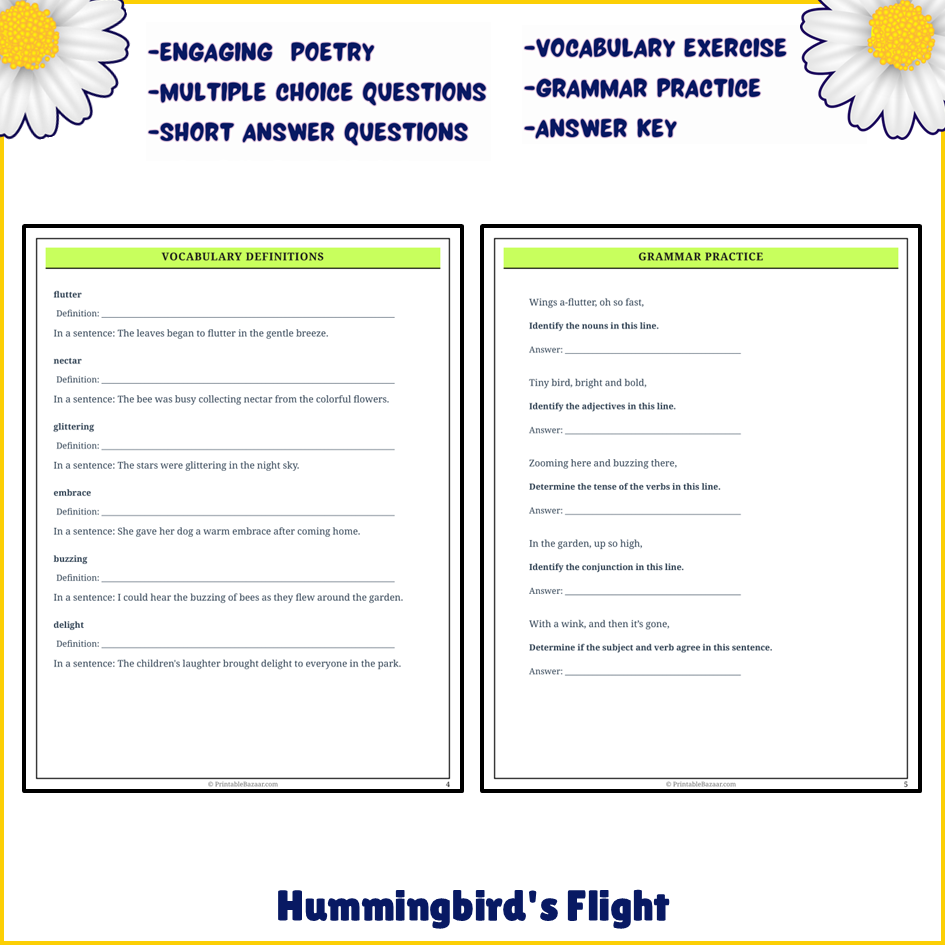 Hummingbird's Flight | Poem Grammar Worksheet Printable Activity