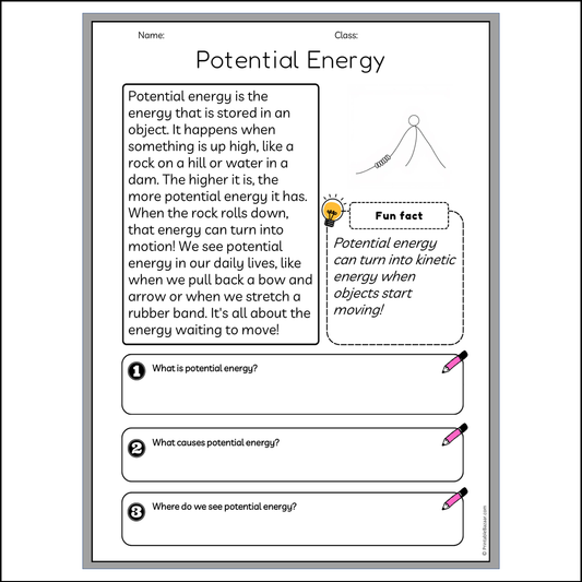 Potential Energy | Reading Passage Comprehension Questions Writing Facts Worksheet