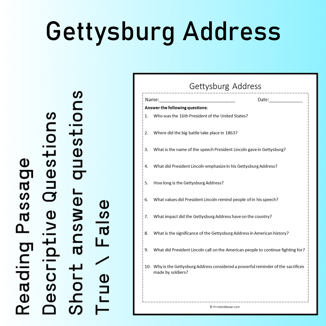 Gettysburg Address | Reading Comprehension Passage Printable Worksheet