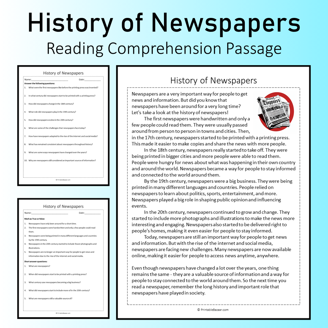 History of Newspapers | Reading Comprehension Passage Printable Worksheet