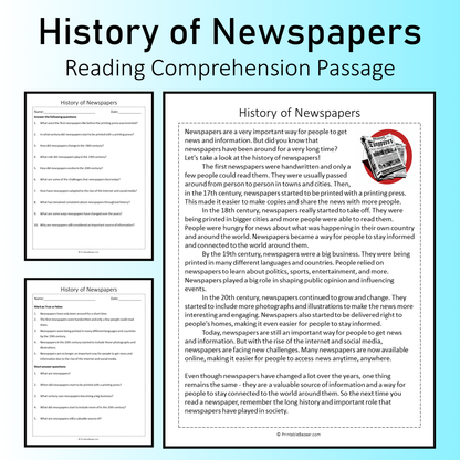 History of Newspapers | Reading Comprehension Passage Printable Worksheet