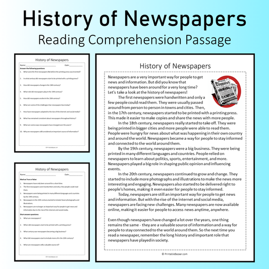 History of Newspapers | Reading Comprehension Passage Printable Worksheet