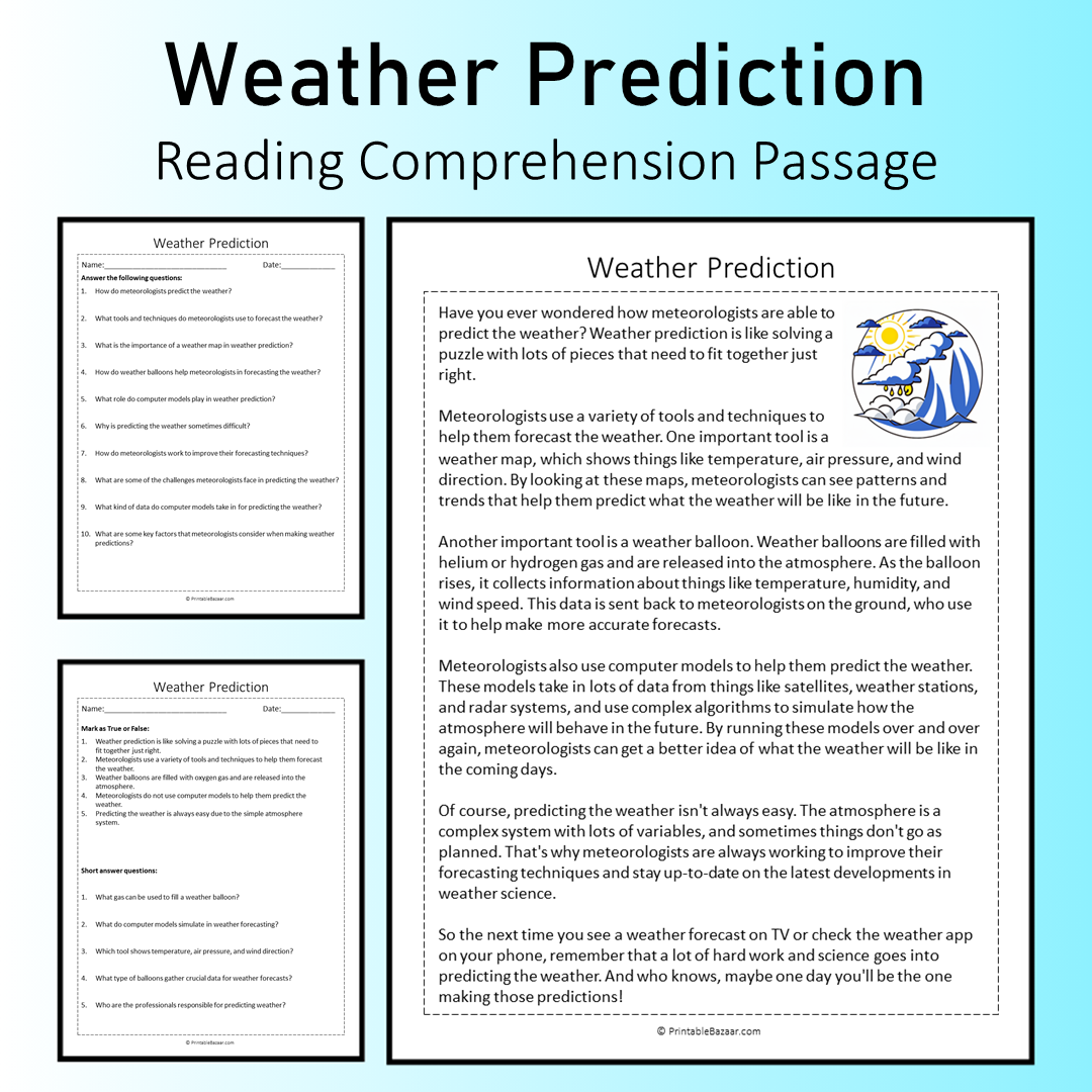 Weather Prediction | Reading Comprehension Passage Printable Worksheet