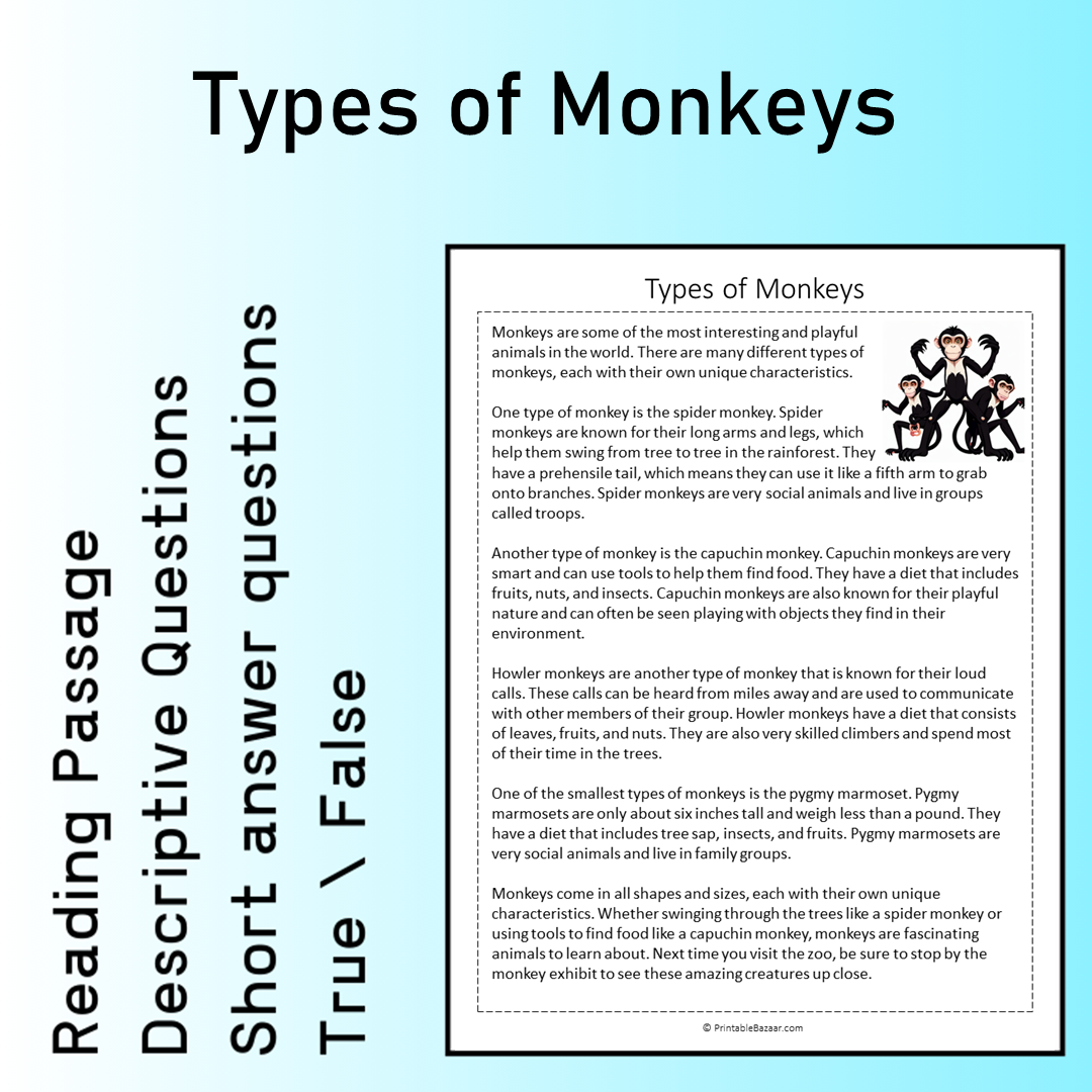 Types of Monkeys | Reading Comprehension Passage Printable Worksheet