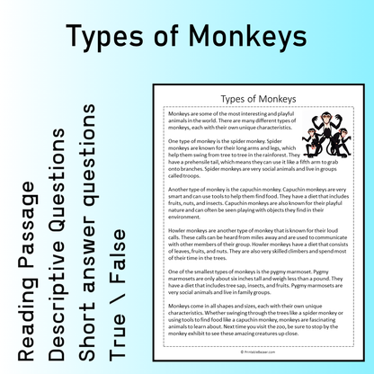 Types of Monkeys | Reading Comprehension Passage Printable Worksheet