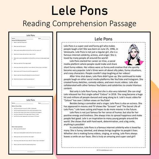 Lele Pons | Reading Comprehension Passage Printable Activity