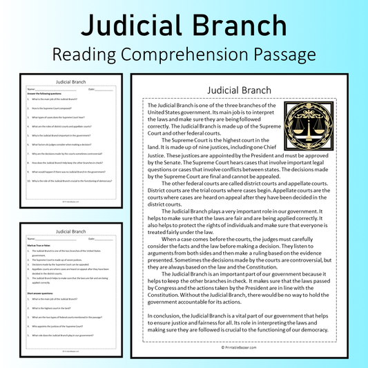 Judicial Branch | Reading Comprehension Passage Printable Worksheet