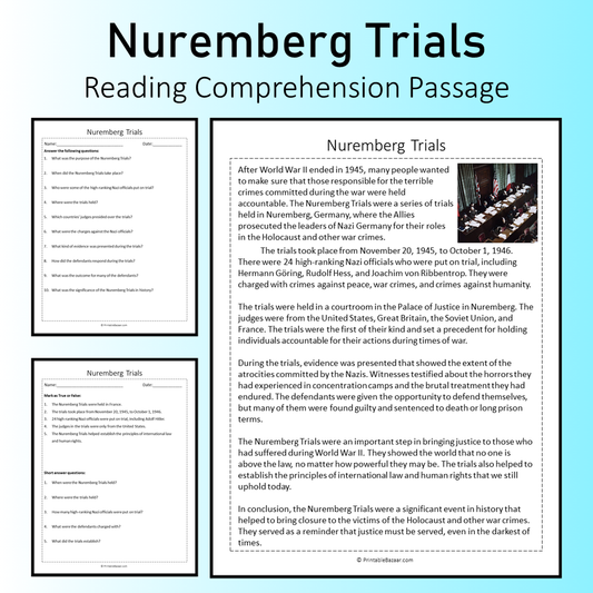 Nuremberg Trials | Reading Comprehension Passage Printable Worksheet