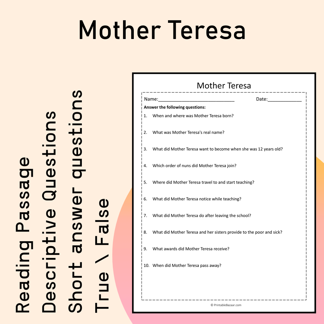 Mother Teresa | Reading Comprehension Passage Printable Activity