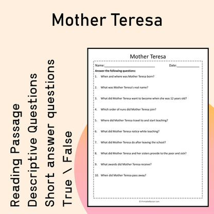 Mother Teresa | Reading Comprehension Passage Printable Activity