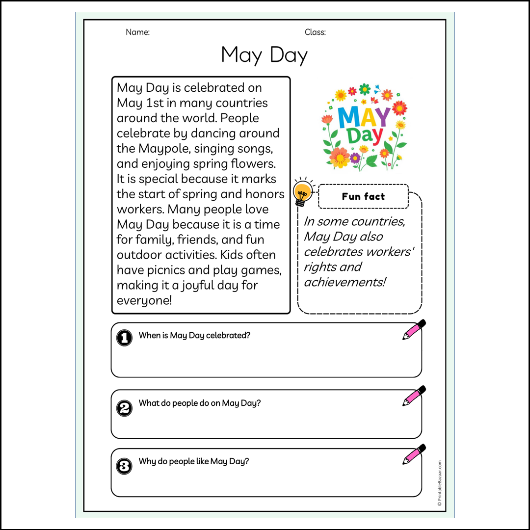 May Day | Reading Passage Comprehension Questions Writing Facts Worksheet