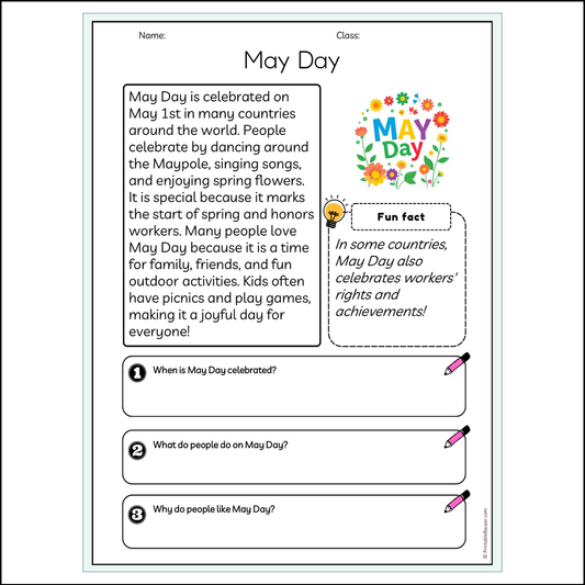 May Day | Reading Passage Comprehension Questions Writing Facts Worksheet