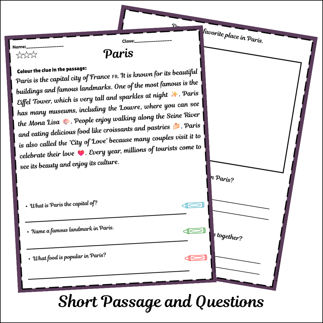 Paris | Short Reading Comprehension Creative Worksheet