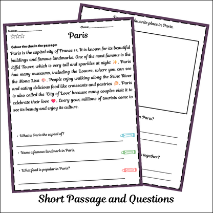 Paris | Short Reading Comprehension Creative Worksheet