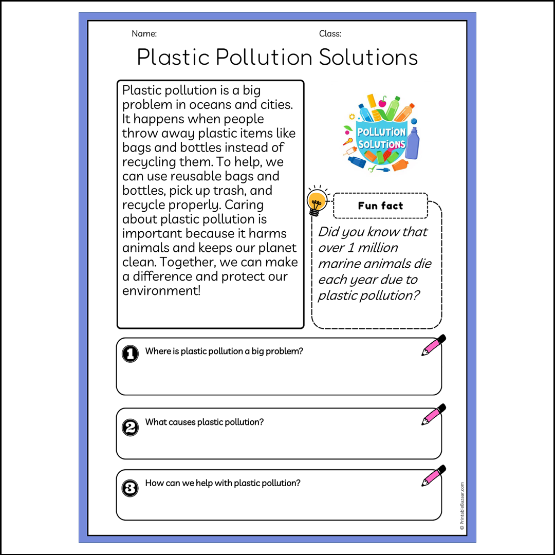 Plastic Pollution Solutions | Reading Passage Comprehension Questions Writing Facts Worksheet