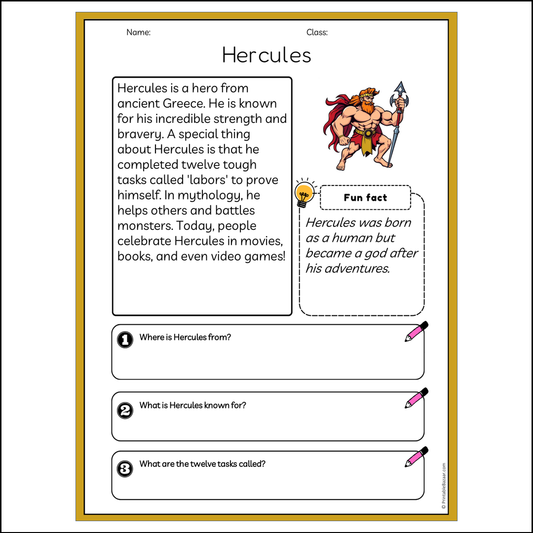 Hercules | Reading Passage Comprehension Questions Writing Facts Worksheet