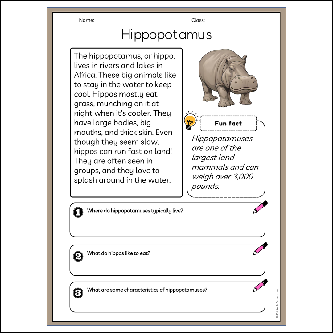 Hippopotamus | Reading Passage Comprehension Questions Writing Facts Worksheet