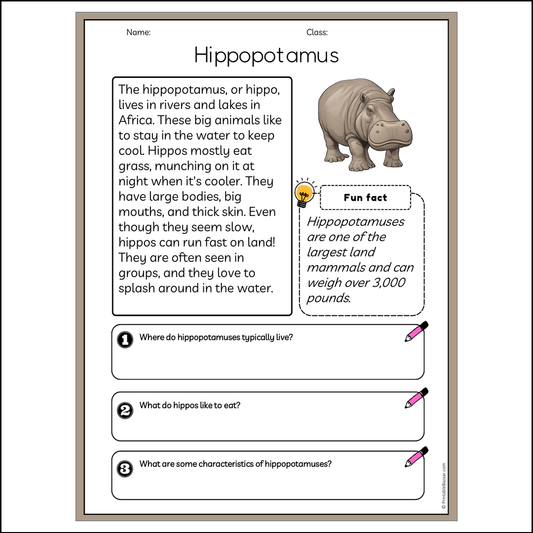 Hippopotamus | Reading Passage Comprehension Questions Writing Facts Worksheet