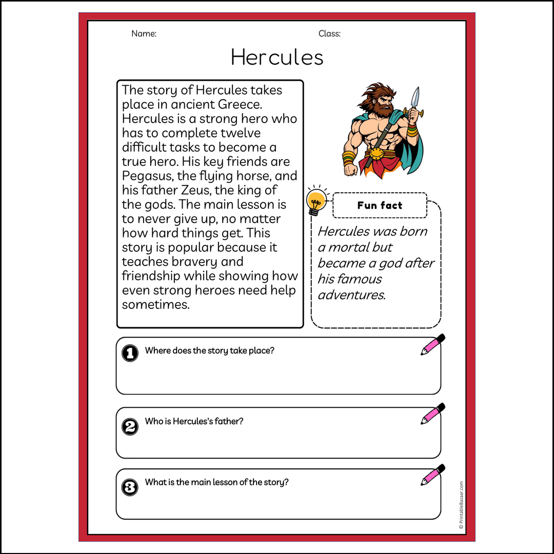 Hercules | Reading Passage Comprehension Questions Writing Facts Worksheet