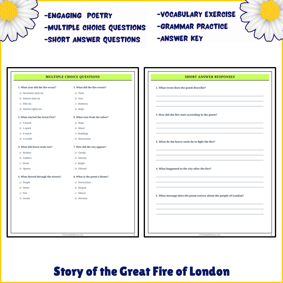 Story of the Great Fire of London | Poem Grammar Worksheet Printable Activity